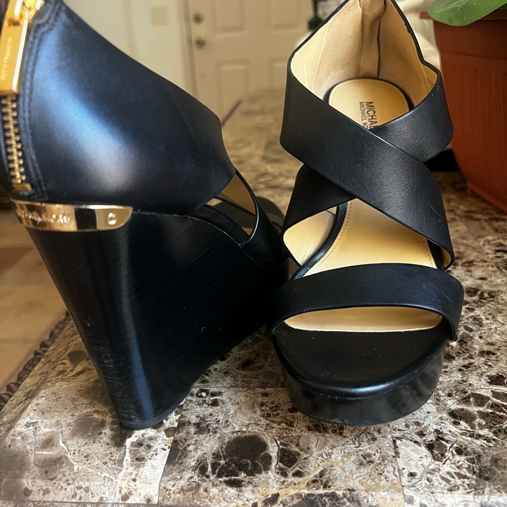 Michael Kors Black Wedge Sandals with Metallic Accents